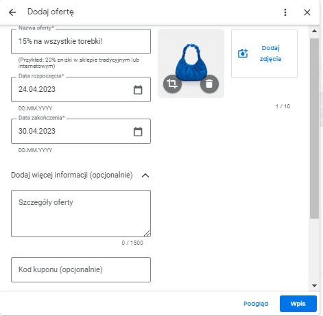 dodawanie oferty w google moja firma