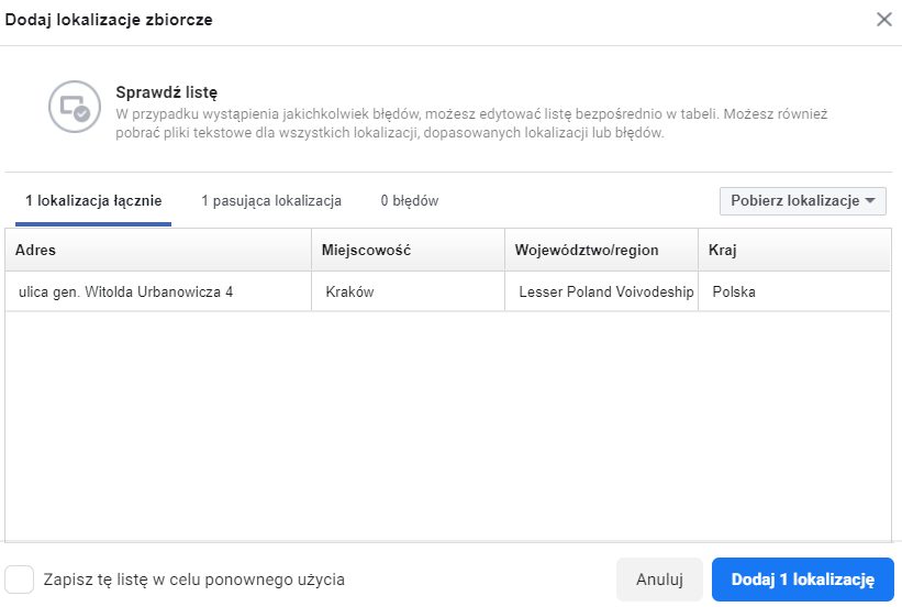 jak ustawić lokalizacje zbiorcze w facebook ads