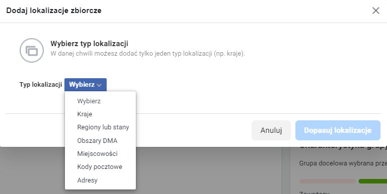 lokalizacje zbiorcze facebook ads
