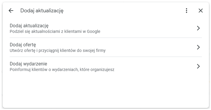 rodzaje wpisów w google moja firma