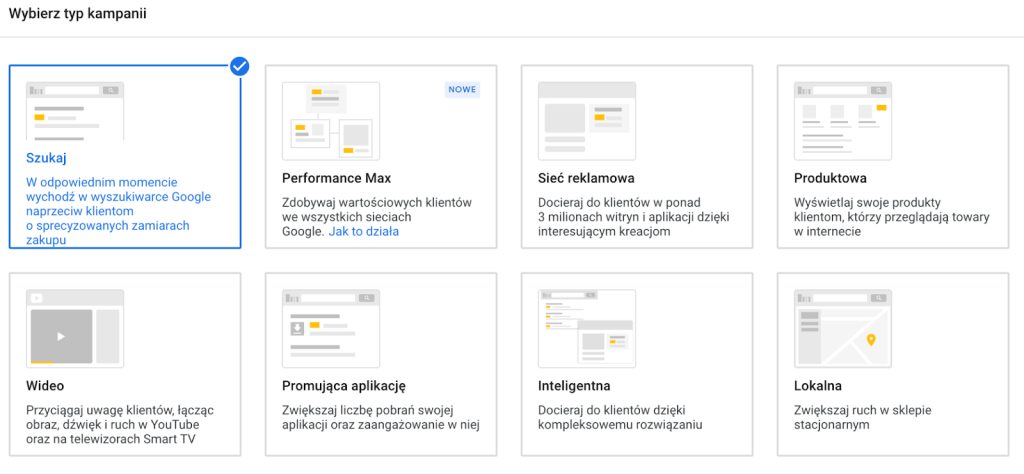 tworzenie reklamy dsa - typy kampanii
